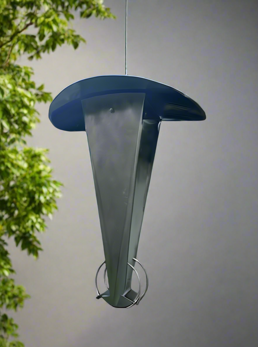 Stainless steel Birdfeeder on black background.